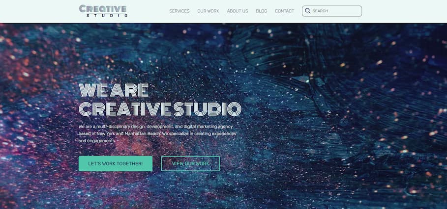 Desktop screenshot of a hero banner and navigation for a website called Creative Studio