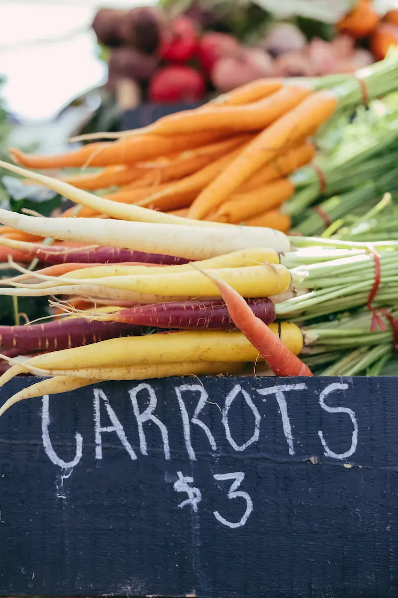 A bunch of colourful carrots on a table.