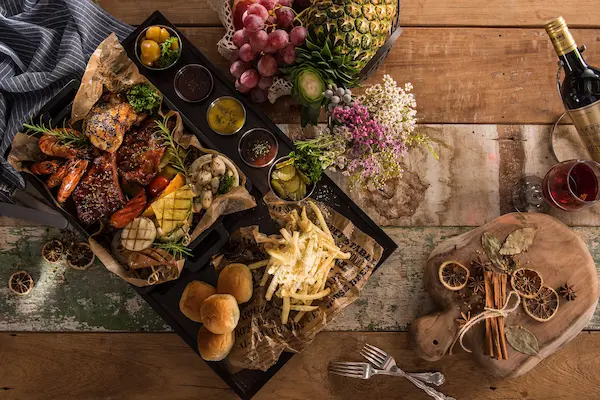 Top view of a platter of food on a table.