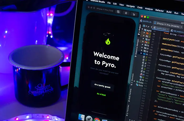 Corner of a screen with some code on it and an image of a mobile screen that says Welcome to Pyro.